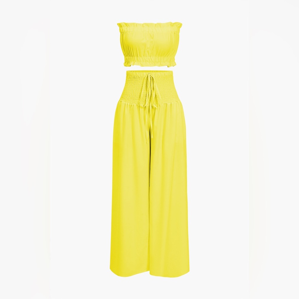 Yellow Smocked L mc5 Ruched Tube Top And Tie Front Wide Leg Trousers Set